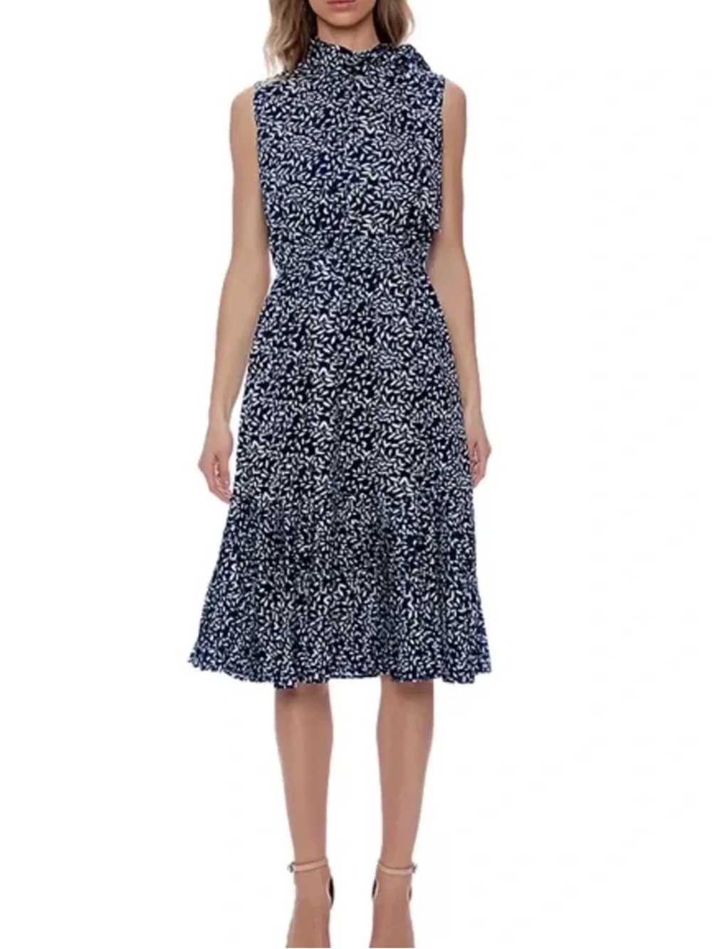 Gracia Navy & White Leaf-Print Dress with High Neck, Belt, Pleated Trim - M